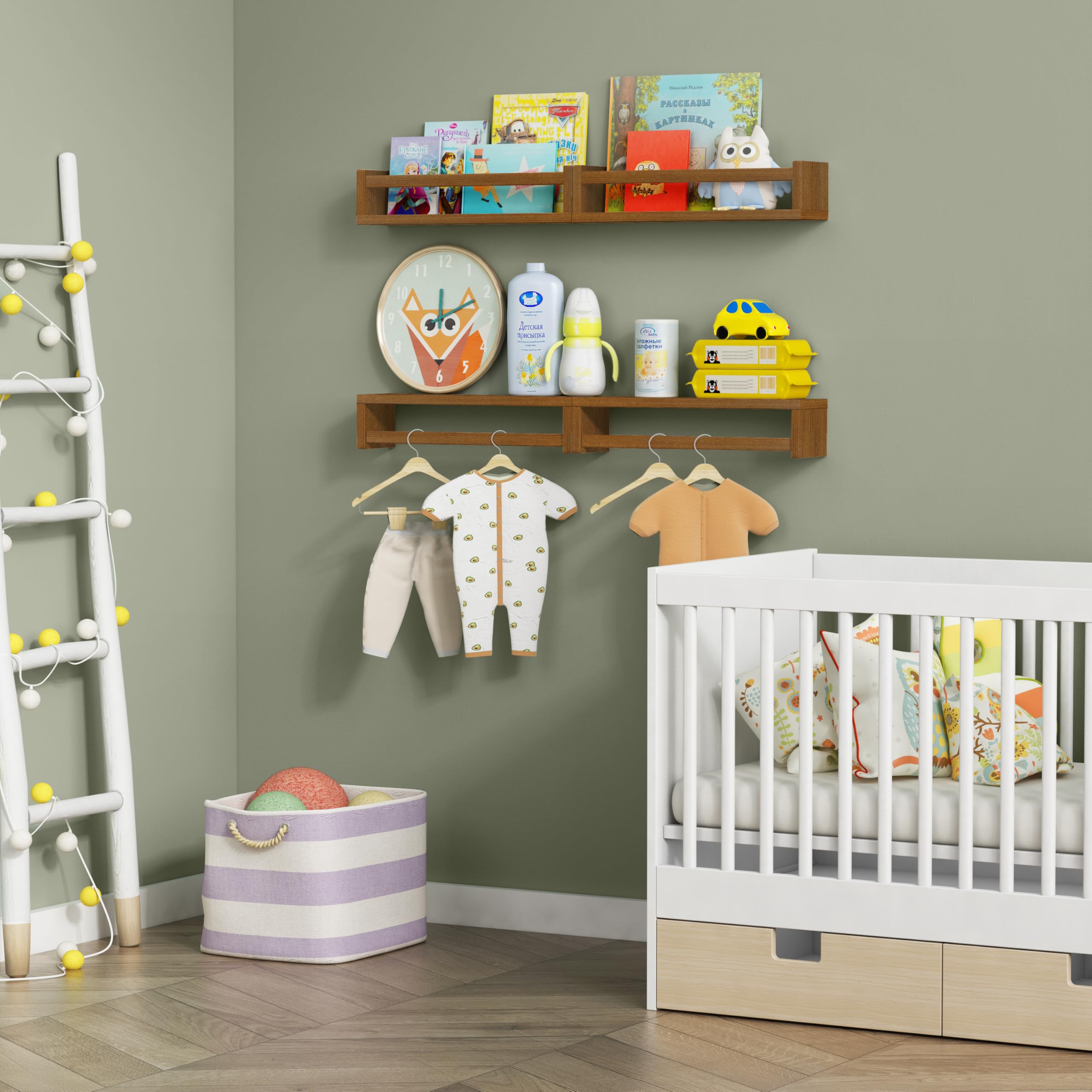 Forbena wall mounted nursery shelves provide easy access to bedtime stories.