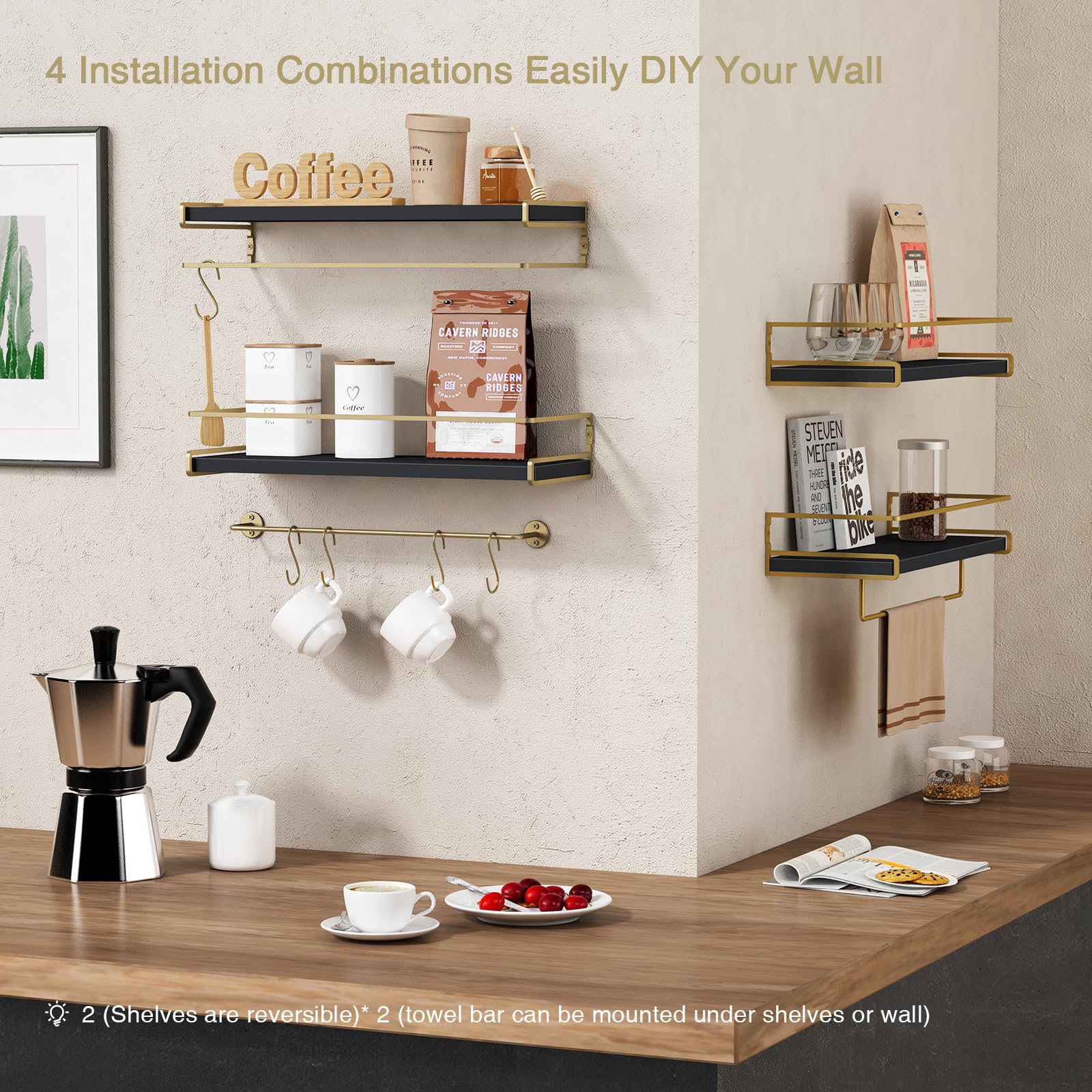 Forbena wall-mounted shelves in a kitchen coffee bar setup.