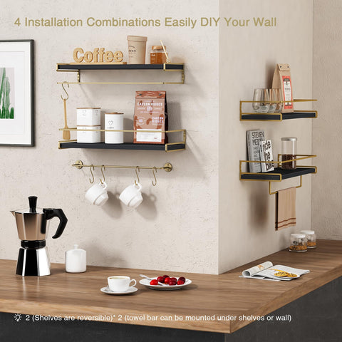Forbena wall-mounted shelves in a kitchen coffee bar setup.