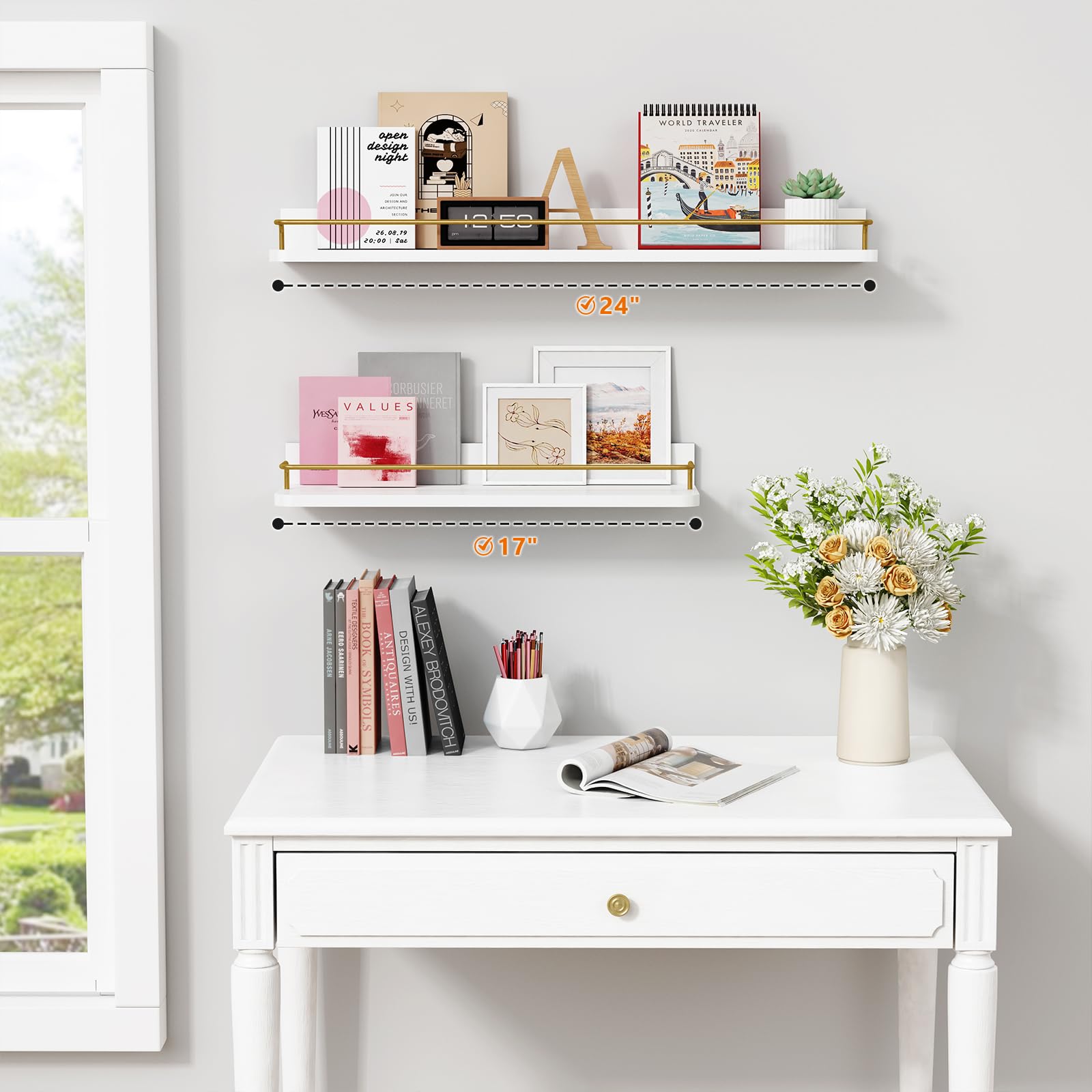 Forbena wall-mounted shelves add dramatic vertical storage above a sink or bathtub.