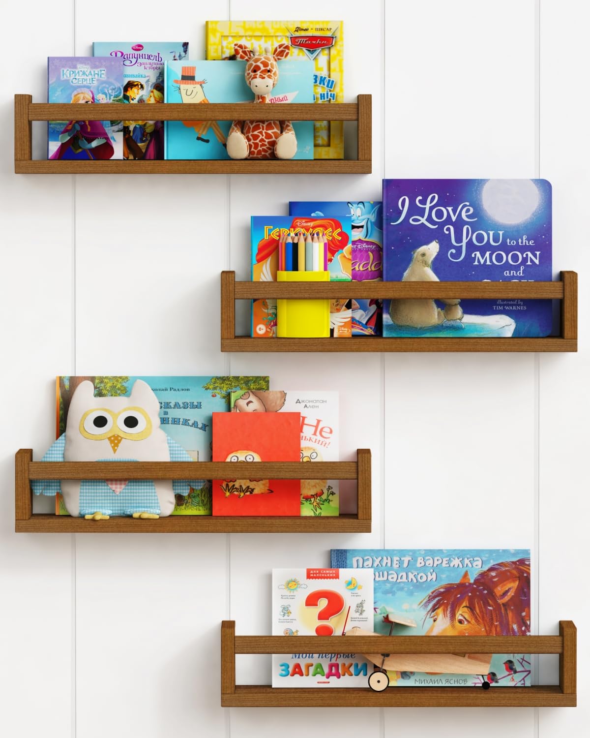 Forbena walnut brown nursery bookshelf wall mounted four pack keeps toys organized and within reach.