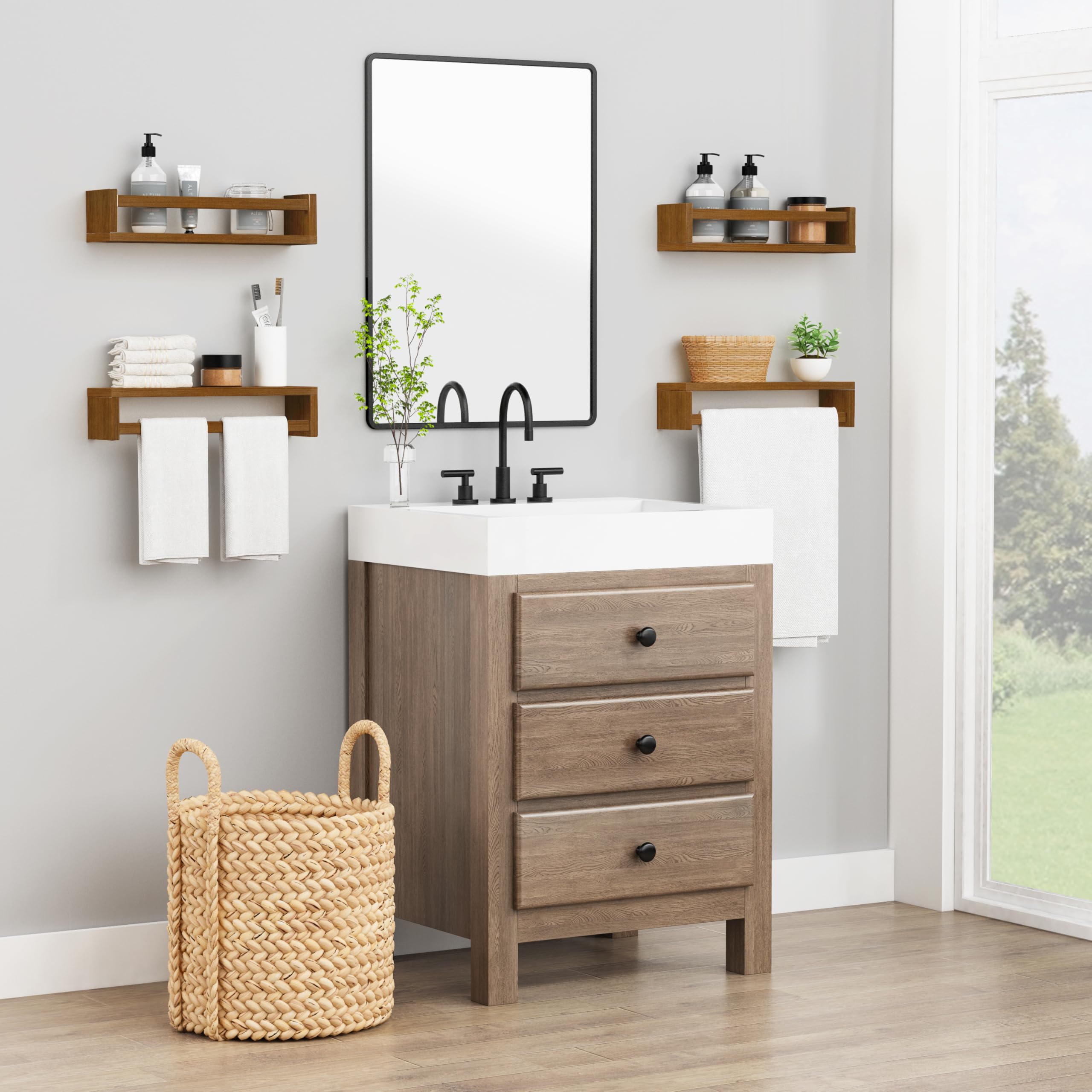 Forbena walnut color shelves blend with nursery decor while organizing plushies and essentials.