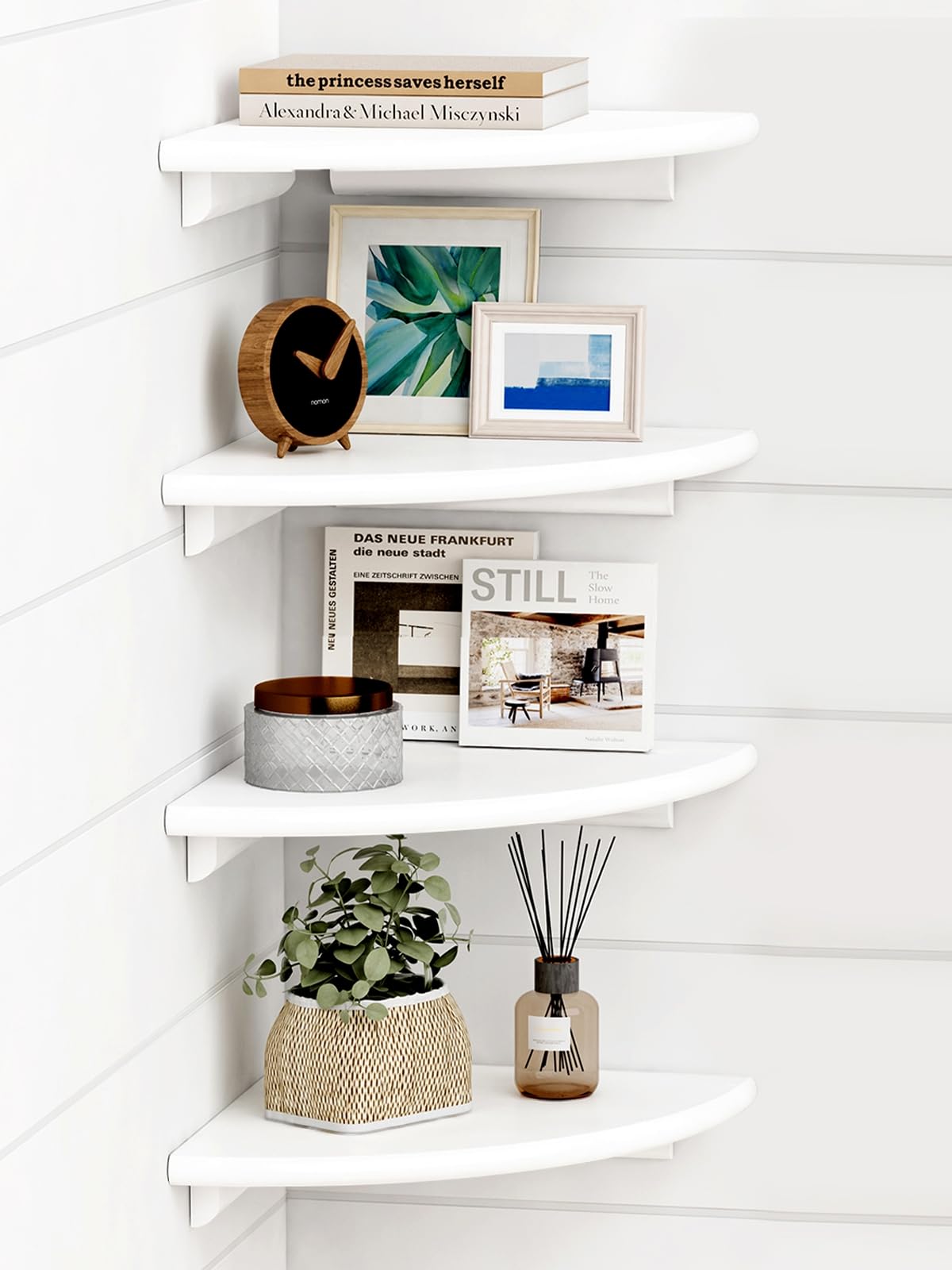 Forbena White Corner Floating Shelves set 4 on a wall corner, ideal for tidy small spaces.