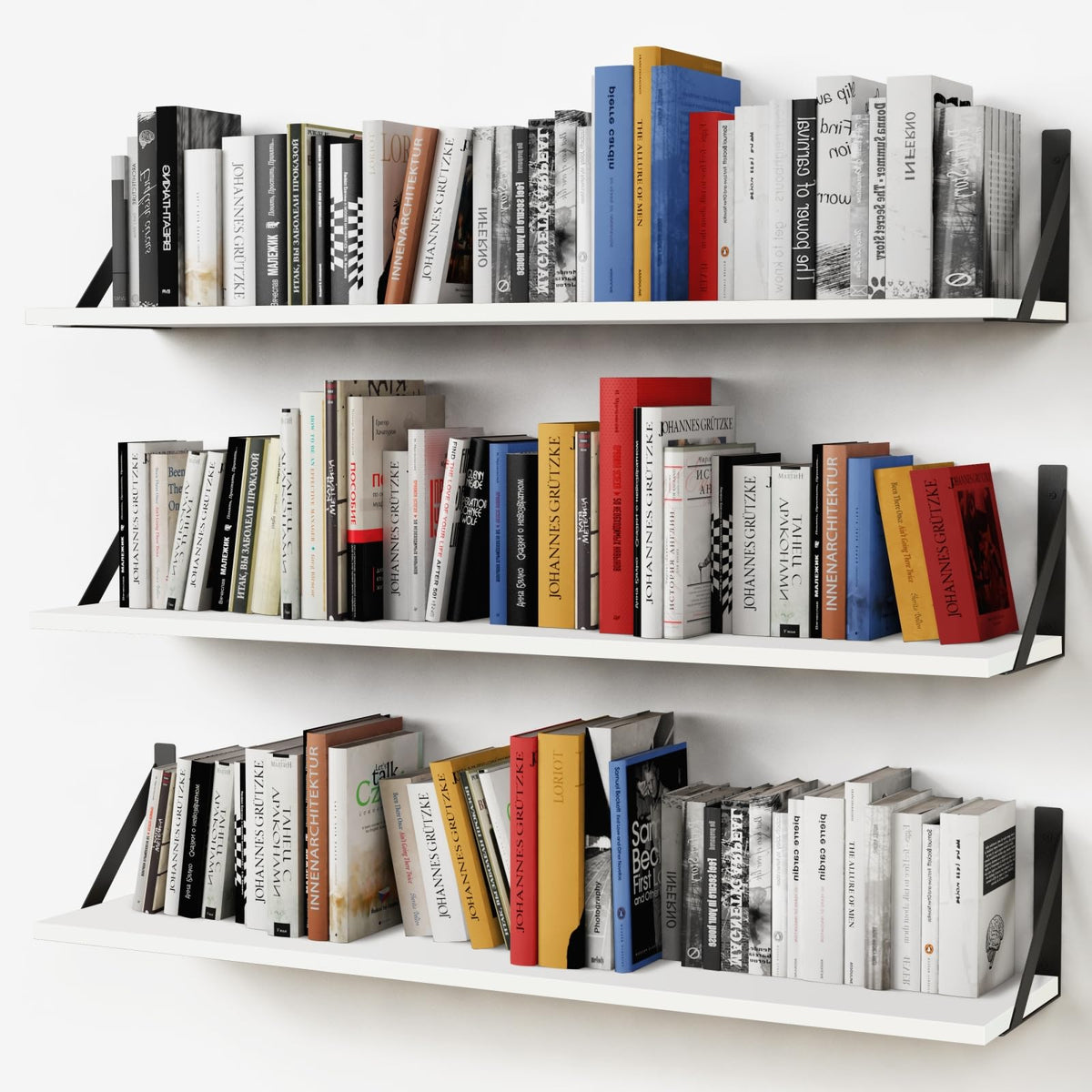 Forbena white floating shelves on wall offering a clean display and extra storage.