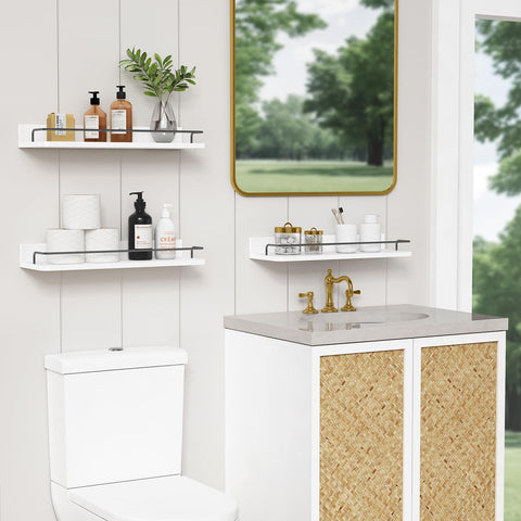 Forbena white wood-texture shelves above sink for organized bathroom surfaces