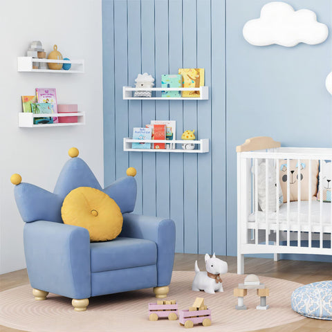 Forbena pine wood shelves highlight sturdy construction in a nursery.