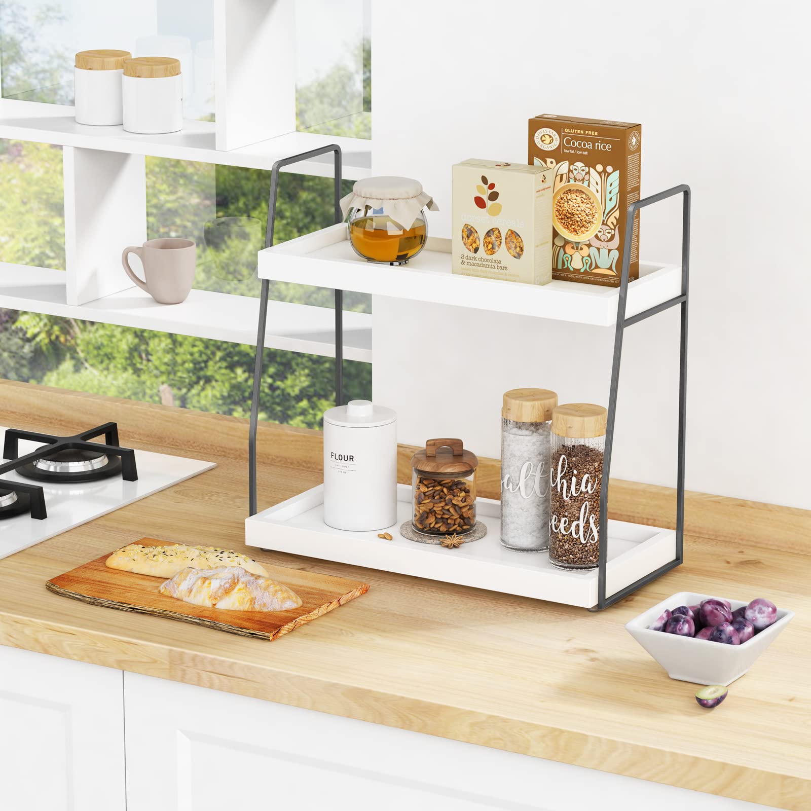 Forbena wood shelf tray with white finish and gray frame for a premium look.