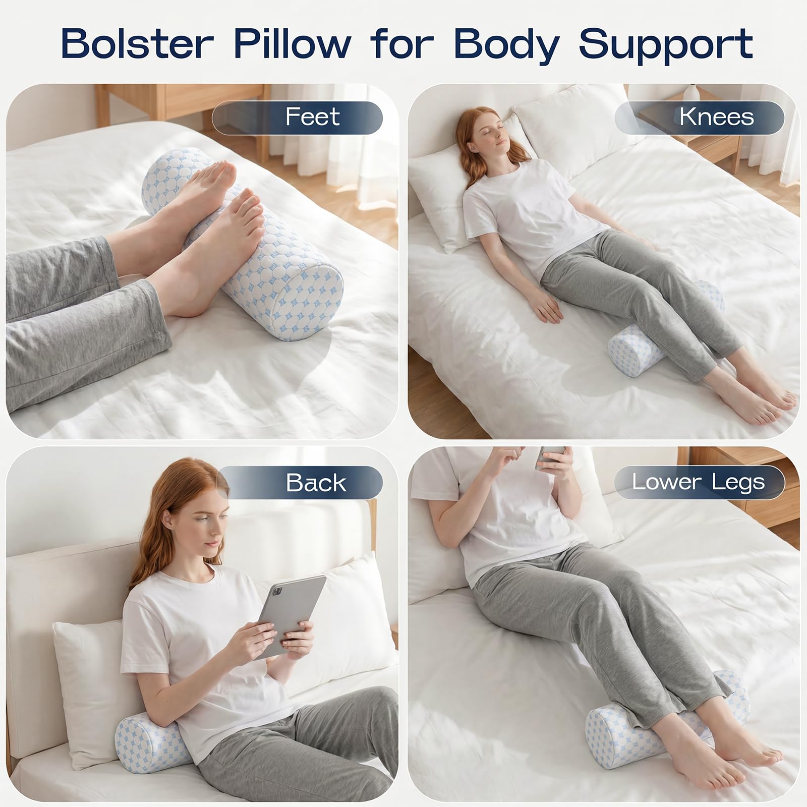 Forcanby pillow alongside legs or knees relieves tension during side sleeping