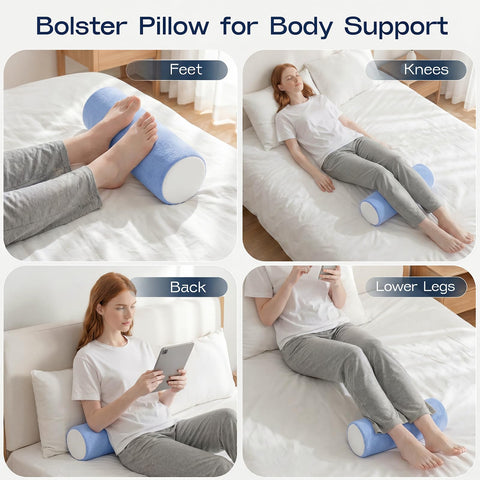 Forcanby neck roll used under knees for back-sleeping relief and leg comfort.