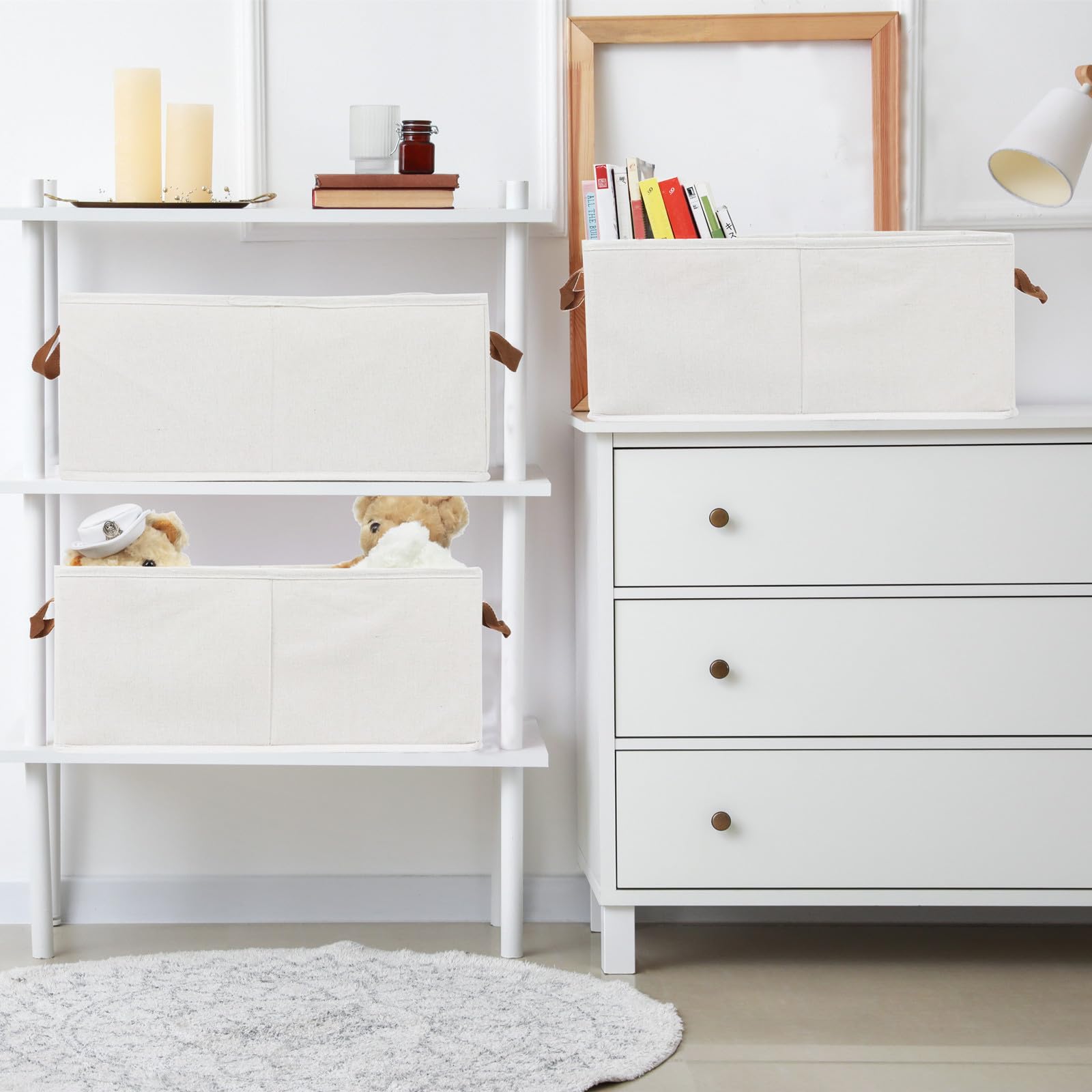 Fordonral bins on shelf promote tidy storage for books and linens