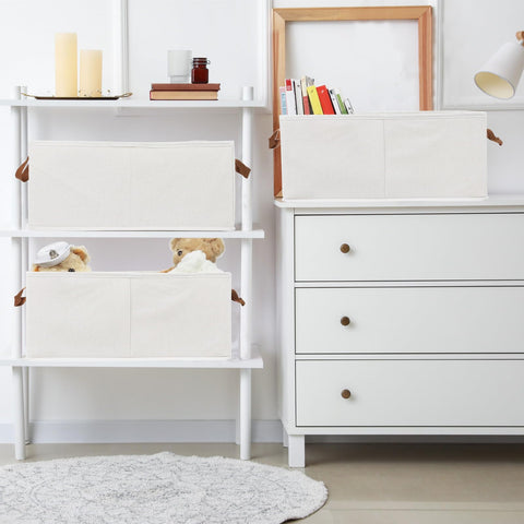 Fordonral bins on shelf promote tidy storage for books and linens
