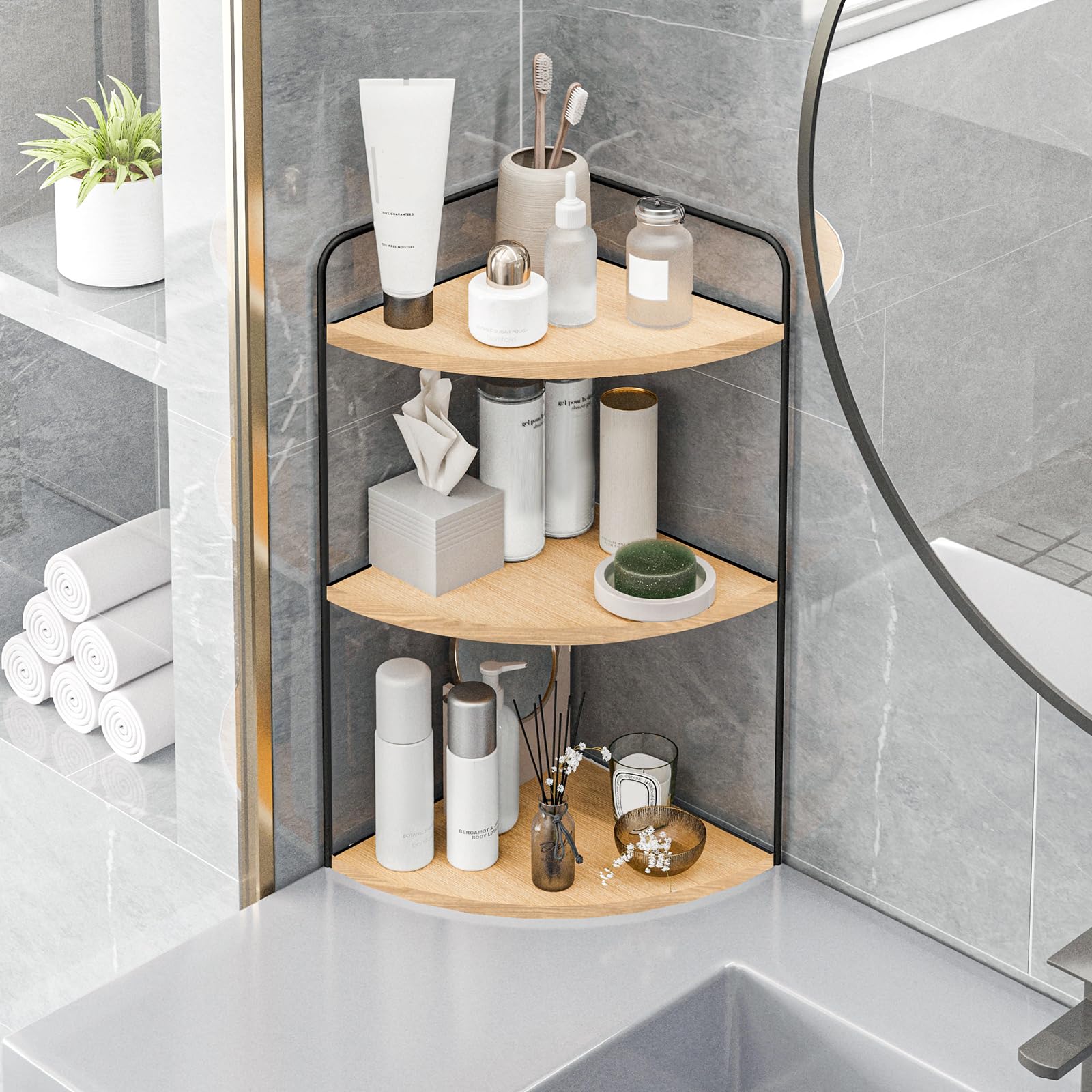Forest Angle on-sink display showing compact corner storage beside sink for toiletries.