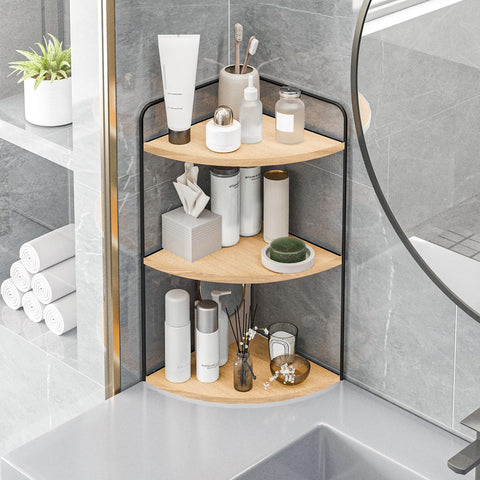 Forest Angle on-sink display showing compact corner storage beside sink for toiletries.