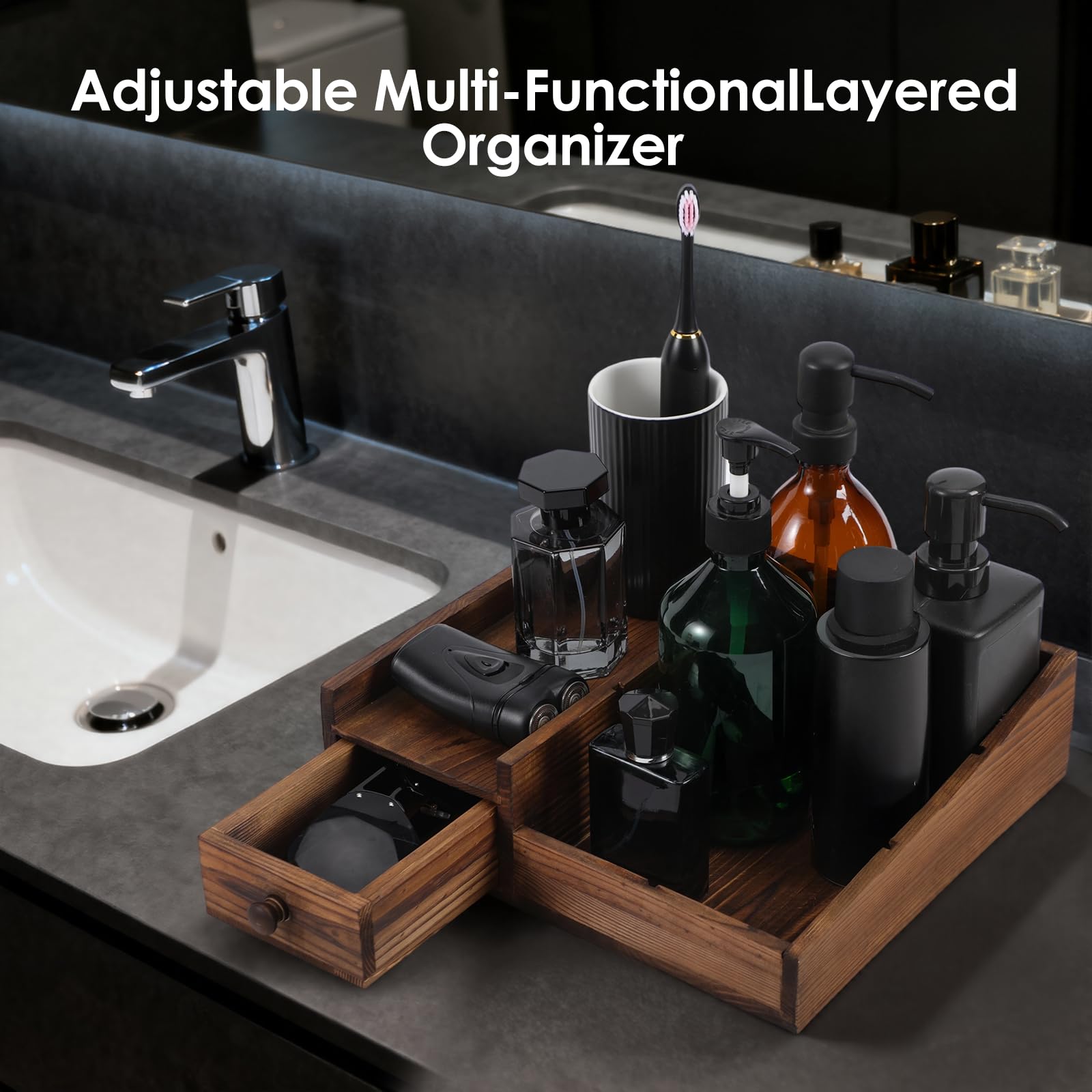 Forest Angle Bathroom countertop storage wood emphasizes practical storage capacity.