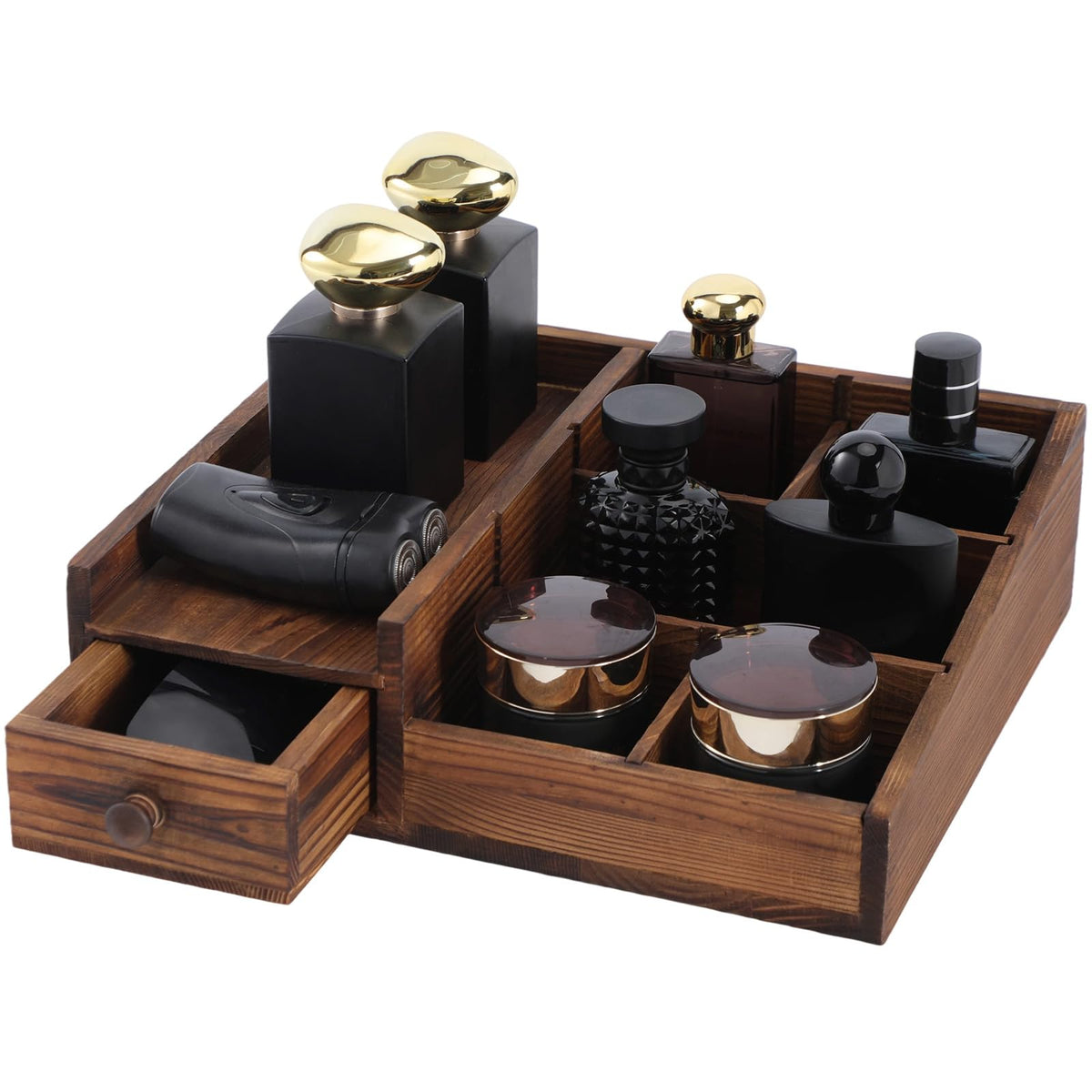 Forest Angle Cologne Organizer top view shows six compartments for tidy vanity storage.