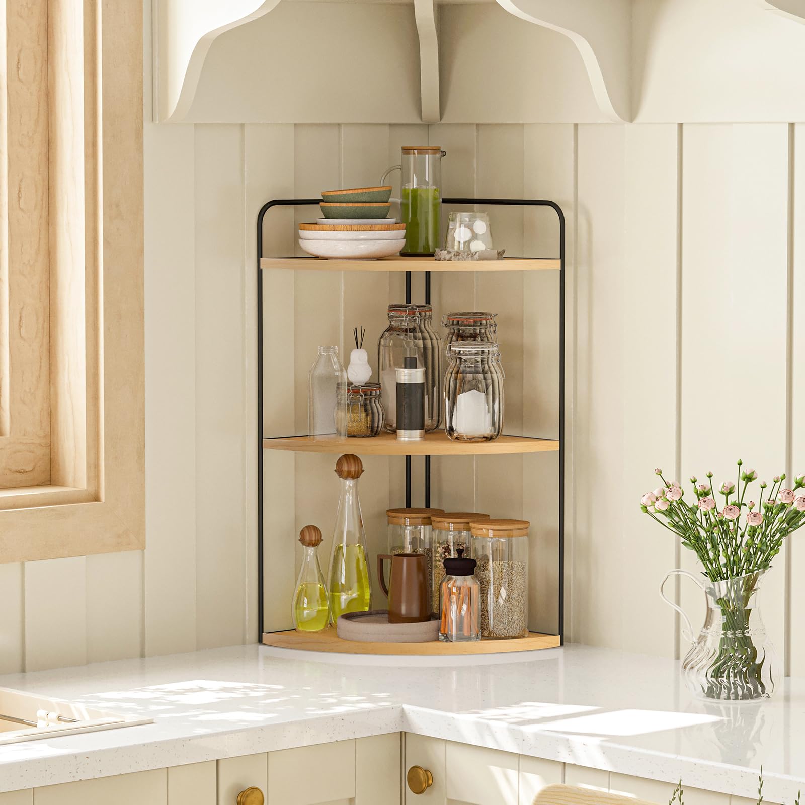 Forest Angle corner shelves black-burlywood setup illustrating versatile corner storage.