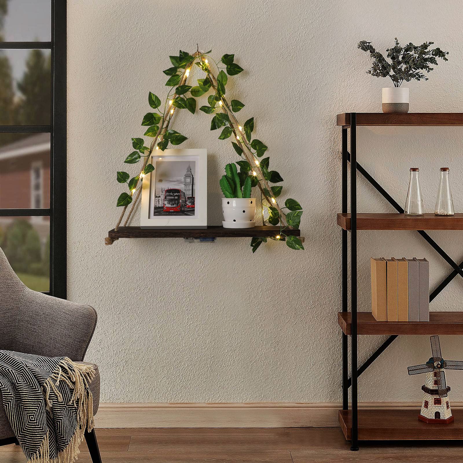 Forest Angle shelf with LED lighting and ivy wreath creates warm ambience