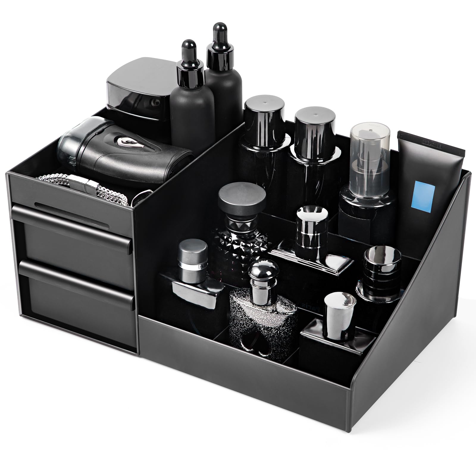 Forest Angle mens organizer with seven compartments provides easy access to perfumes and skincare.