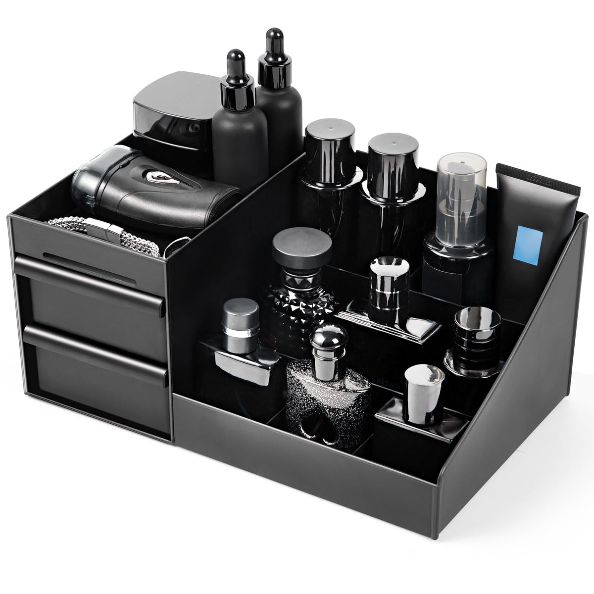 Forest Angle mens organizer with seven compartments provides easy access to perfumes and skincare.