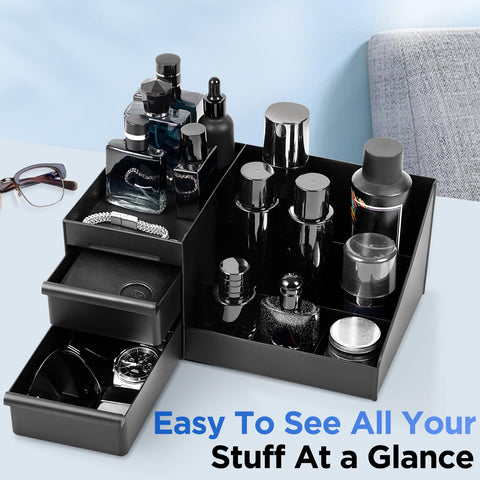 Forest Angle vanity organization for skin care and beard tools, reducing clutter.