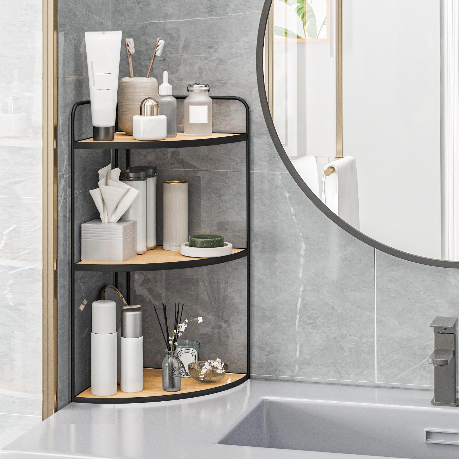 Forest Angle counter organizer doubles as vanity or dresser shelf in bedroom or living room.