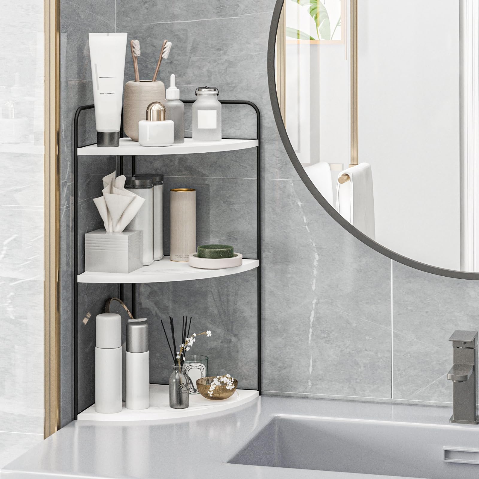 Forest Angle vanity organizer keeps toothbrushes, soap, and cotton neatly within reach.