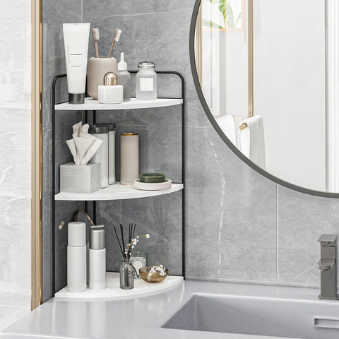 Forest Angle vanity organizer keeps toothbrushes, soap, and cotton neatly within reach.