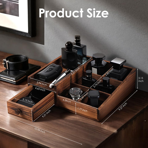 Forest Angle Wooden Organizer front view highlights deep drawers for valuables.