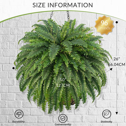 26-inch tall fake ferns deliver tall, full greenery for windowsills or plant stands.