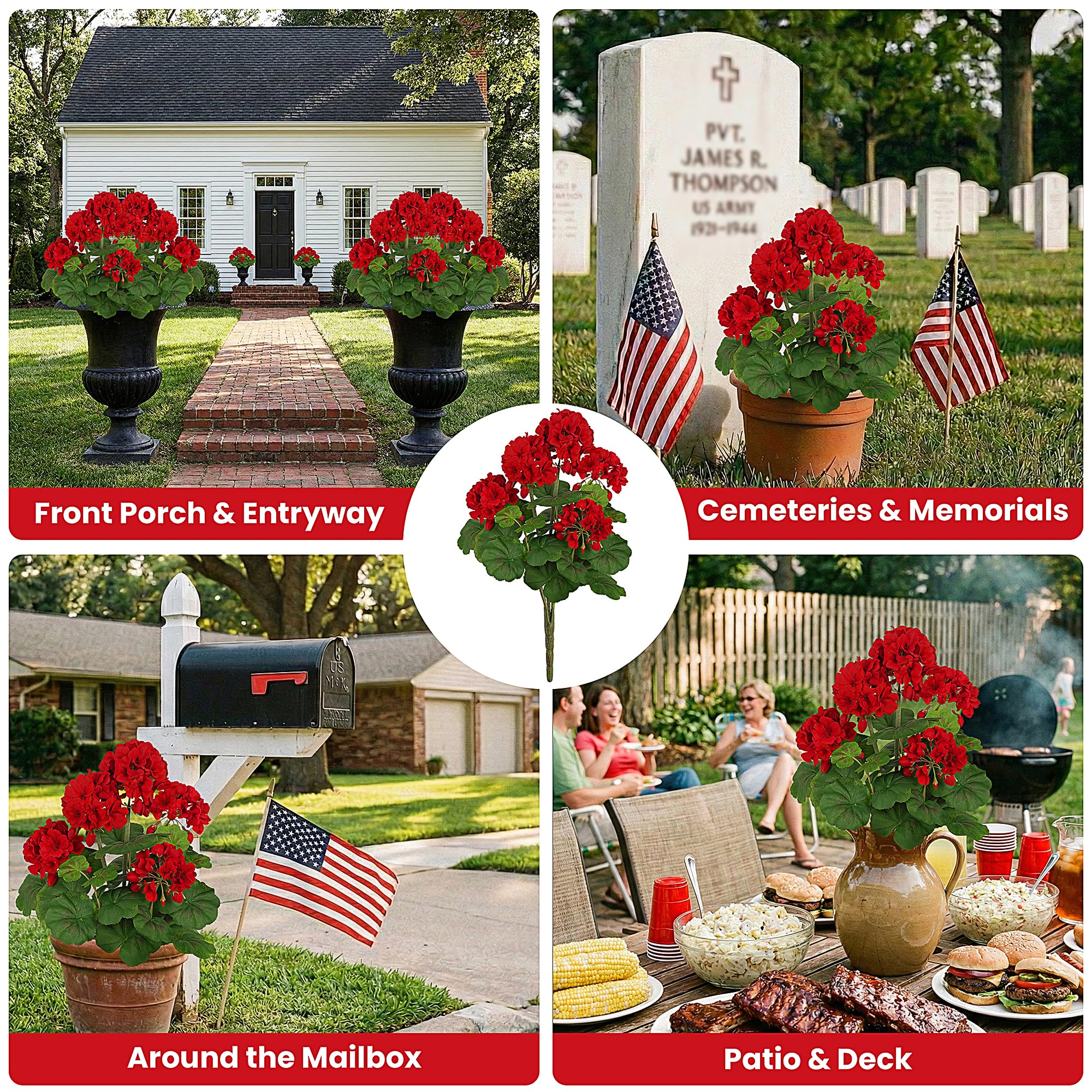FOREST PRINCE silk geraniums in a window box bright red blooms