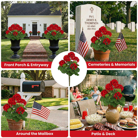 FOREST PRINCE silk geraniums in a window box bright red blooms