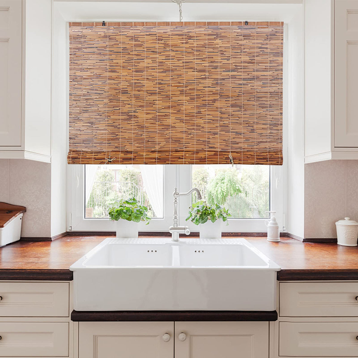 FOREVER BAMBOO Backyard X-Scapes reed roll-up shade closed for soft light