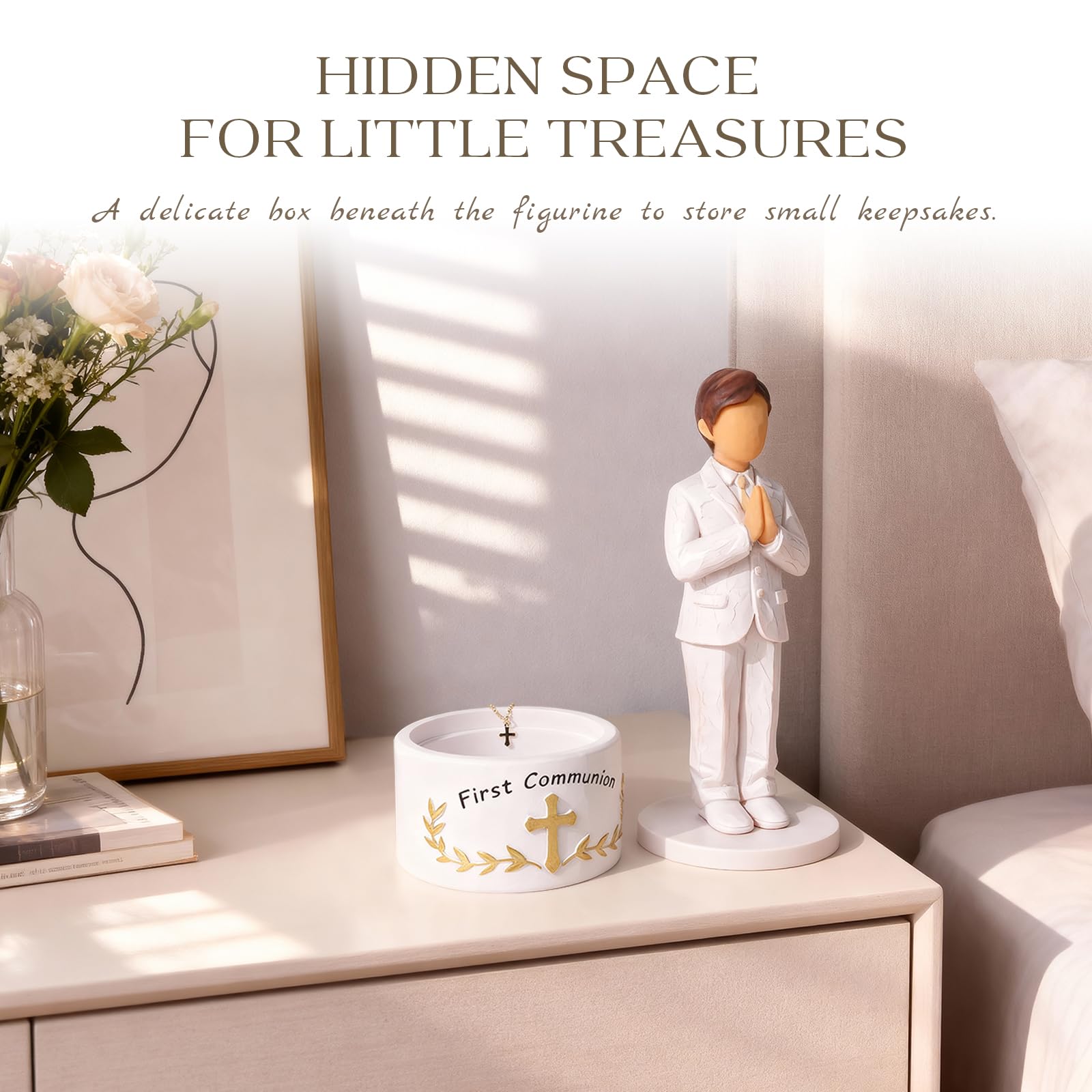 Formiele detailed coloring enhances reverent display of the figurine.
