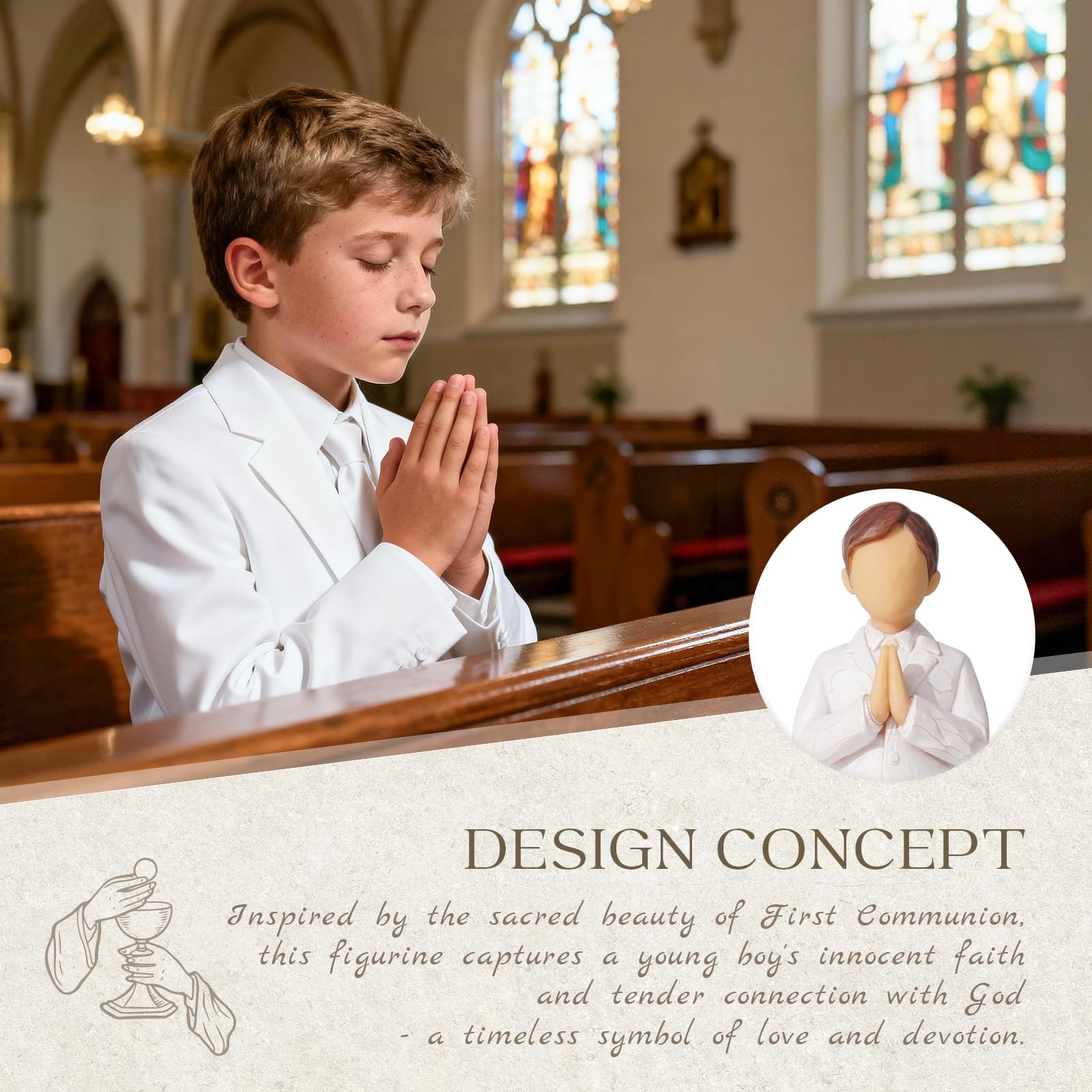 Formiele first communion boy figurine with praying hands, perfect centerpiece.