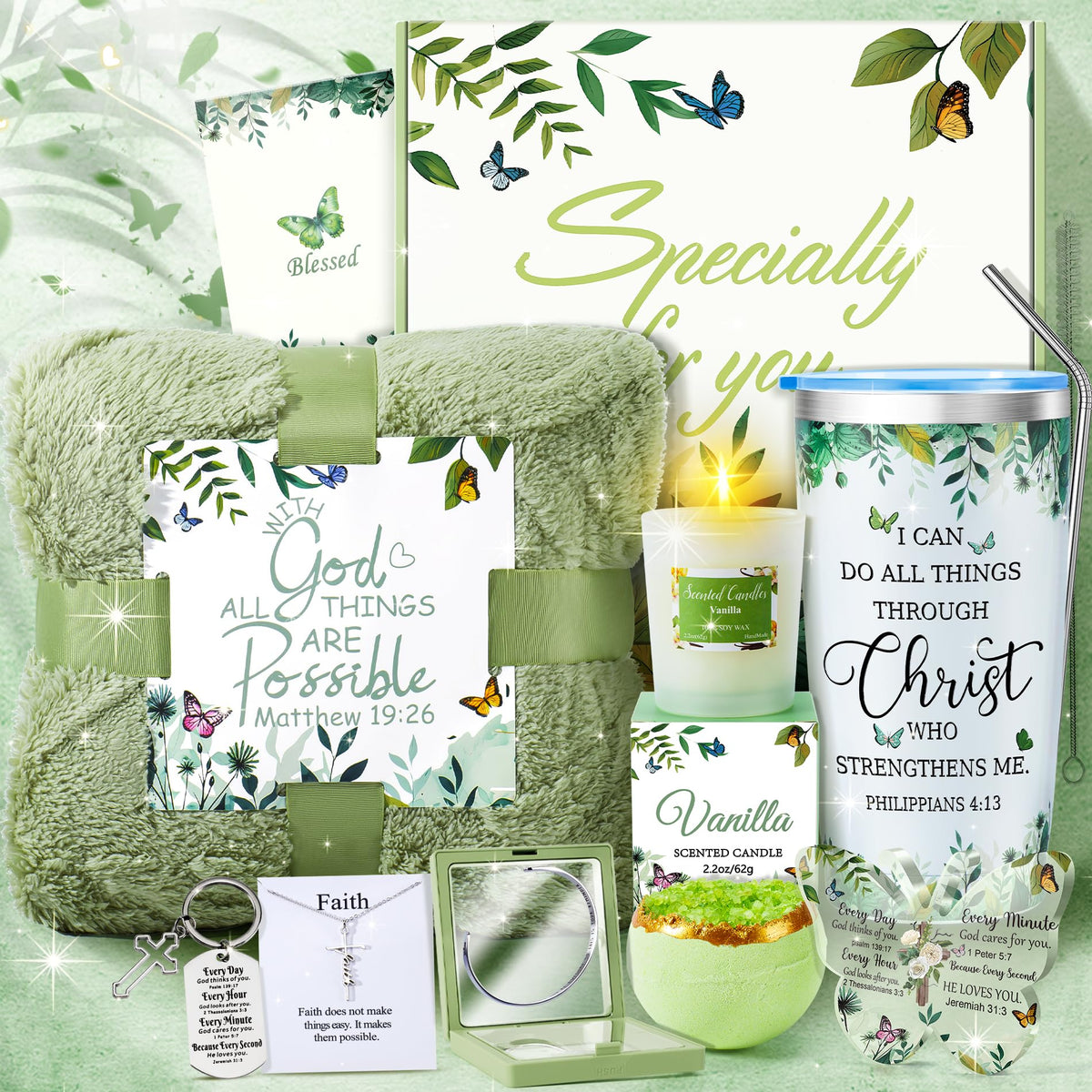 Fortuning's JDS 13pcs Christian gifts set in a green basket for inspiration