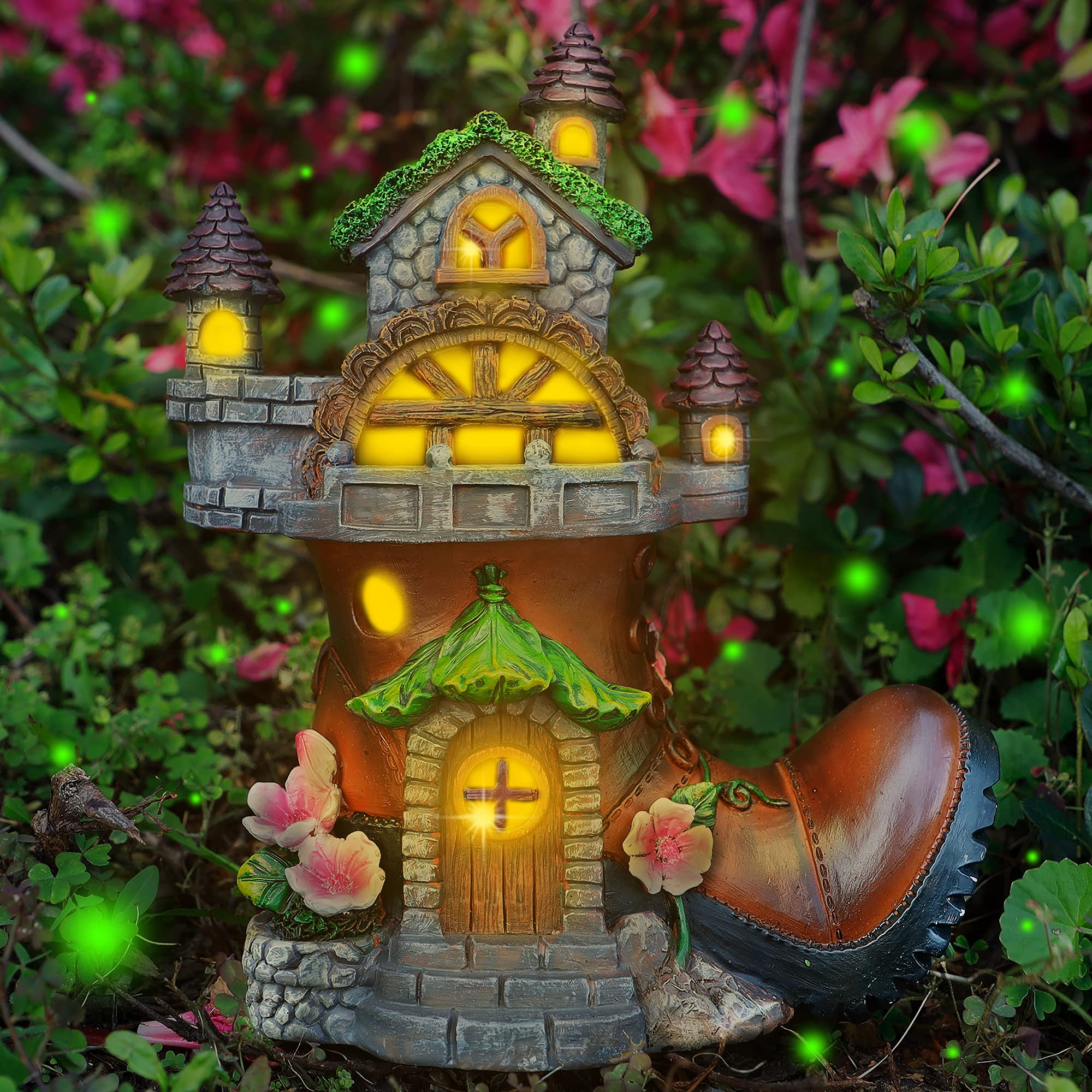 FORUP 10-inch fairy house on boot statue glows for magical outdoor decor at dusk.