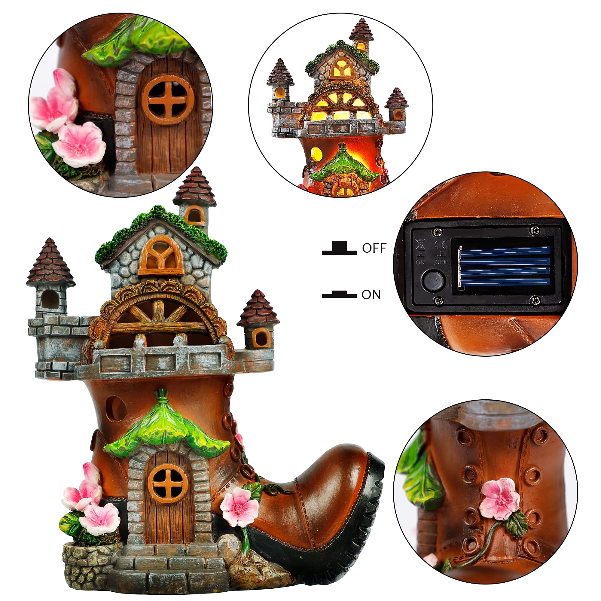 FORUP detailed fairy house atop a boot with moss roof for whimsical yard focal point.