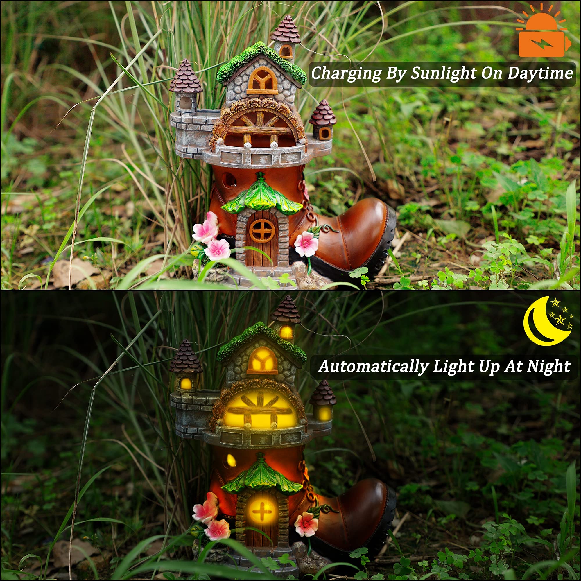 FORUP moss-roofed fairy house captures nature vibe with pink vines, ideal for garden borders.