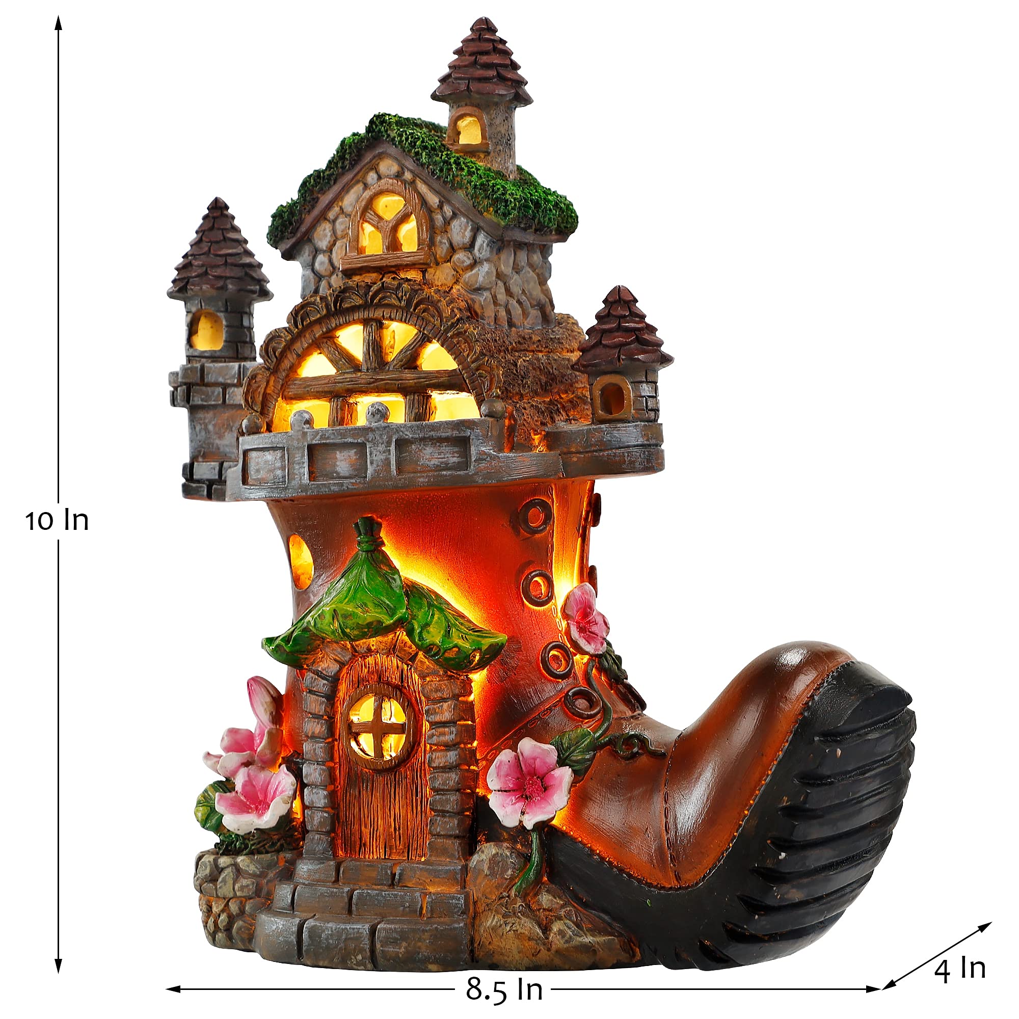 FORUP solar-powered fairy house garden figurine lights automatically after sun, enhancing evening charm.