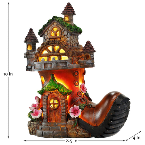 FORUP solar-powered fairy house garden figurine lights automatically after sun, enhancing evening charm.