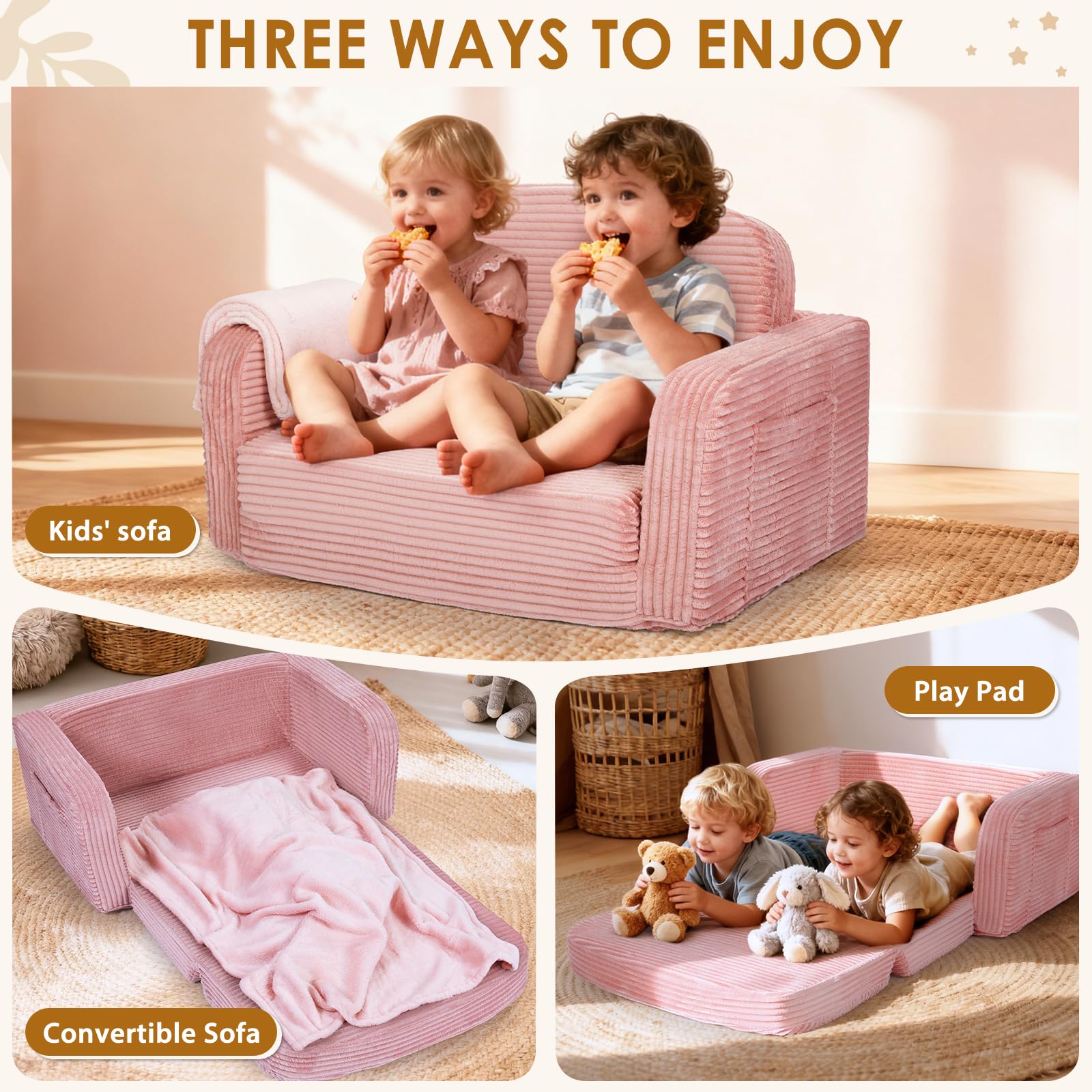 Foryoomi pink 2-in-1 couch folded for lounging after play