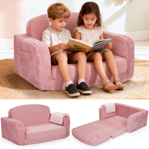 Foryoomi Extra Wide 2-in-1 toddler sofa pink front view showing cozy fold-out seating