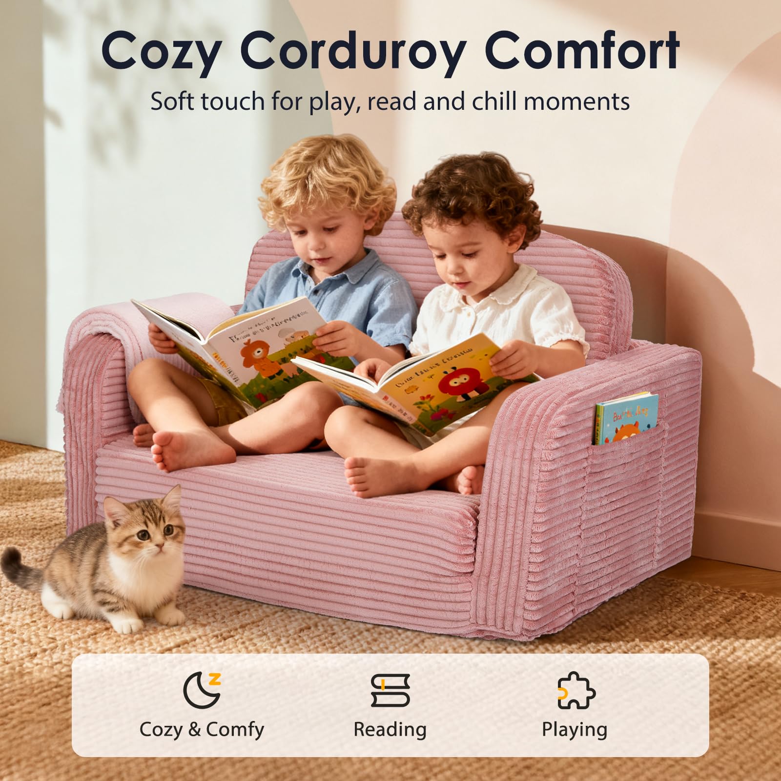 Foryoomi corduroy toddler sofa with side pocket for easy reach