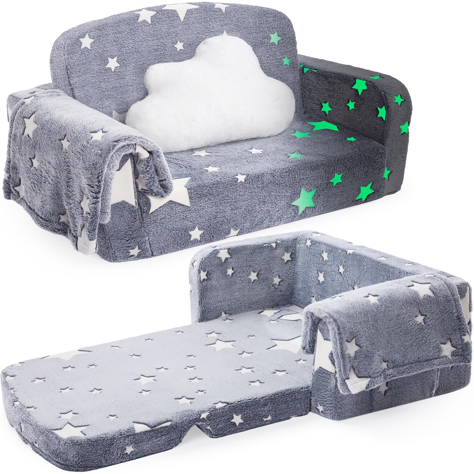Foryoomi extra wide kids couch with blanket and cloud pillow for cozy playtime.