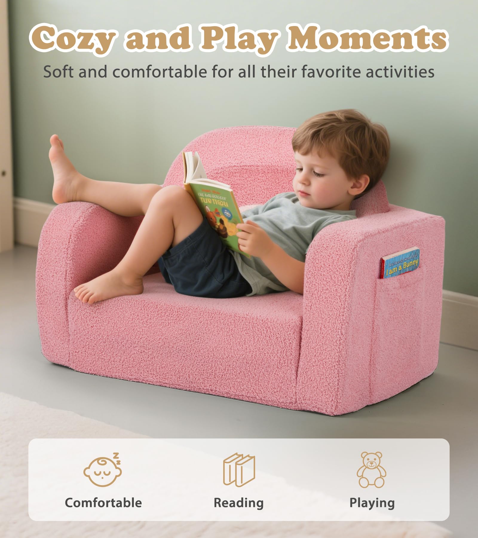 Foryoomi 2-in-1 couch with blanket provides comfy lounging after stories at nap time.