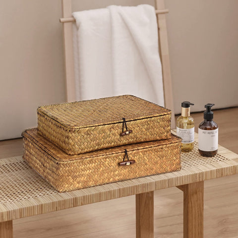 Handcrafted seagrass bins add natural warmth to any room.
