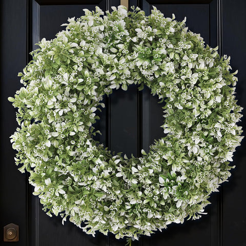 FOTEEWL 26-inch artificial boxwood wreath for front door enhances curb appeal year-round.