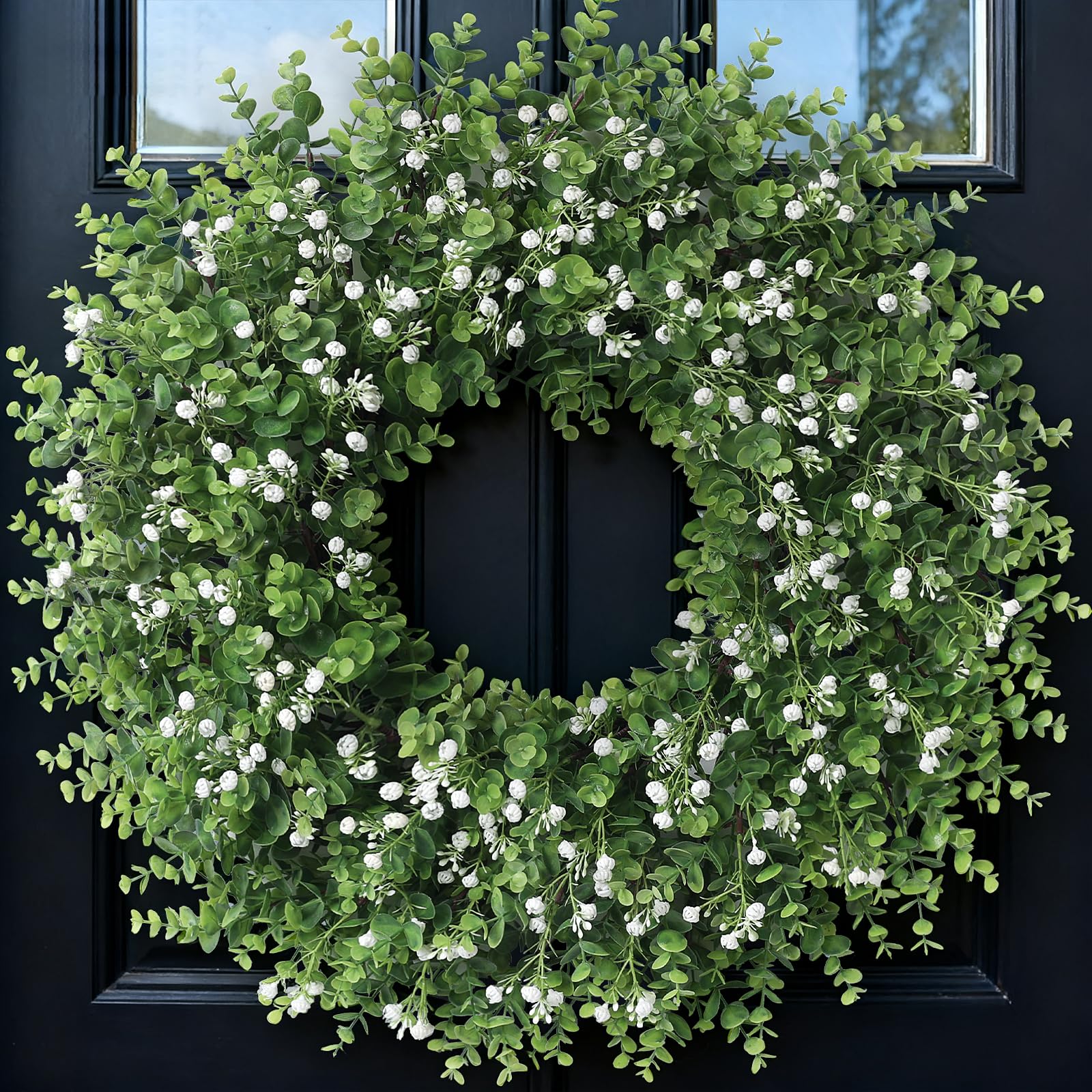 FOTEEWL 26-inch artificial eucalyptus wreath full view, ideal for inviting front-door decor