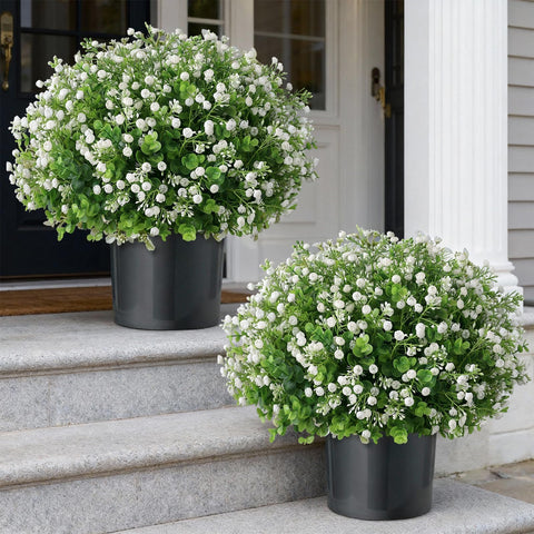 FOTEEWL artificial eucalyptus babys breath topiary ball in pot adds front-door charm.