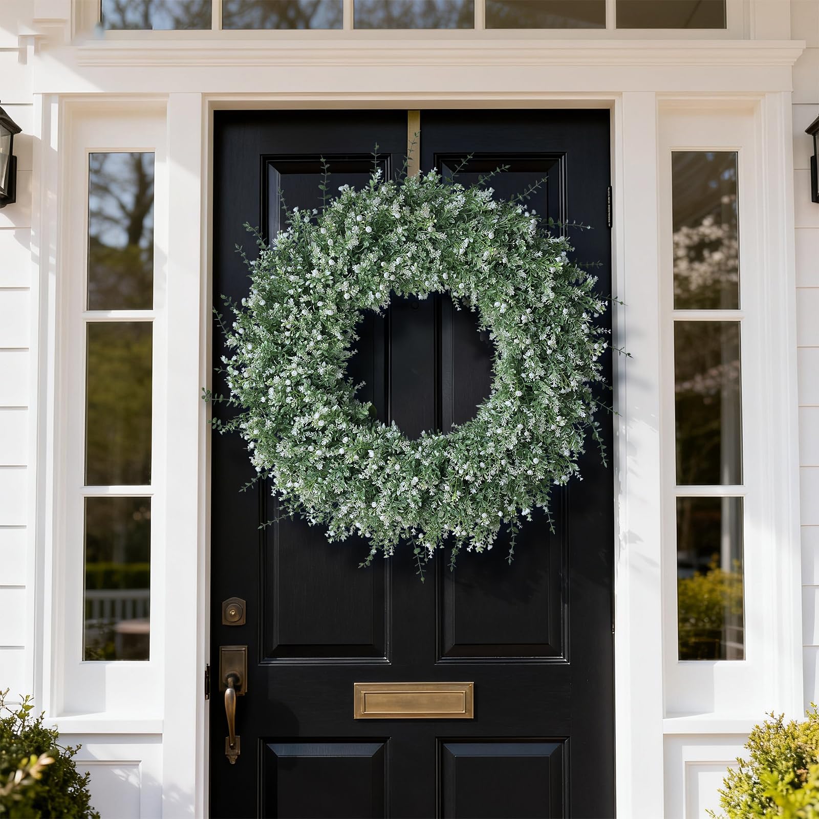 FOTEEWL artificial eucalyptus lavender babys breath wreath for windows and walls.